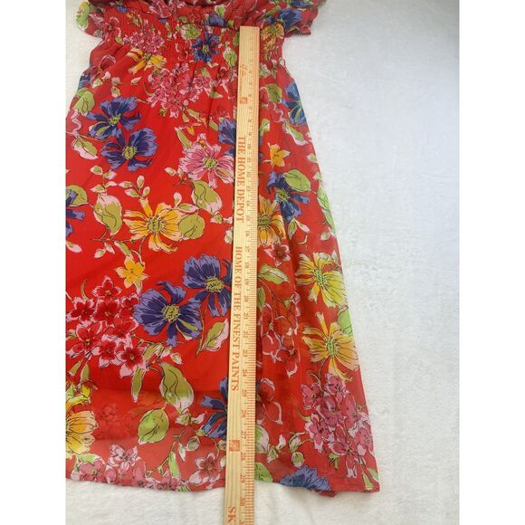 Jessica Simpson Dress Womens Medium Red Floral Ruffle Sleeve Smocked Waist Midi - Picture 11 of 12